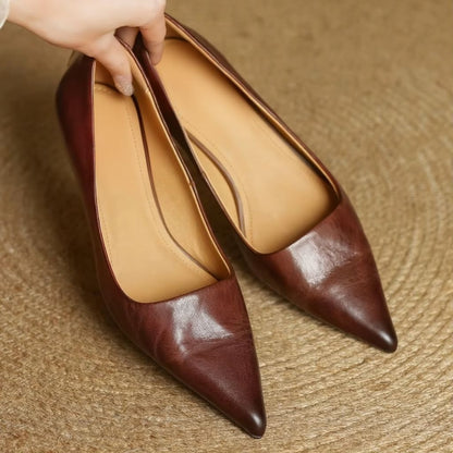 Women's Pointed Toe Leather Pumps with Slip-On Design and Slim Heel, Comfortable Dress Shoes