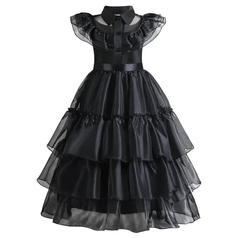 Girls Gothic Cake Gown Costume with Mesh Cutout Details and Layered Skirt