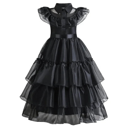 Girls Gothic Cake Gown Costume with Mesh Cutout Details and Layered Skirt