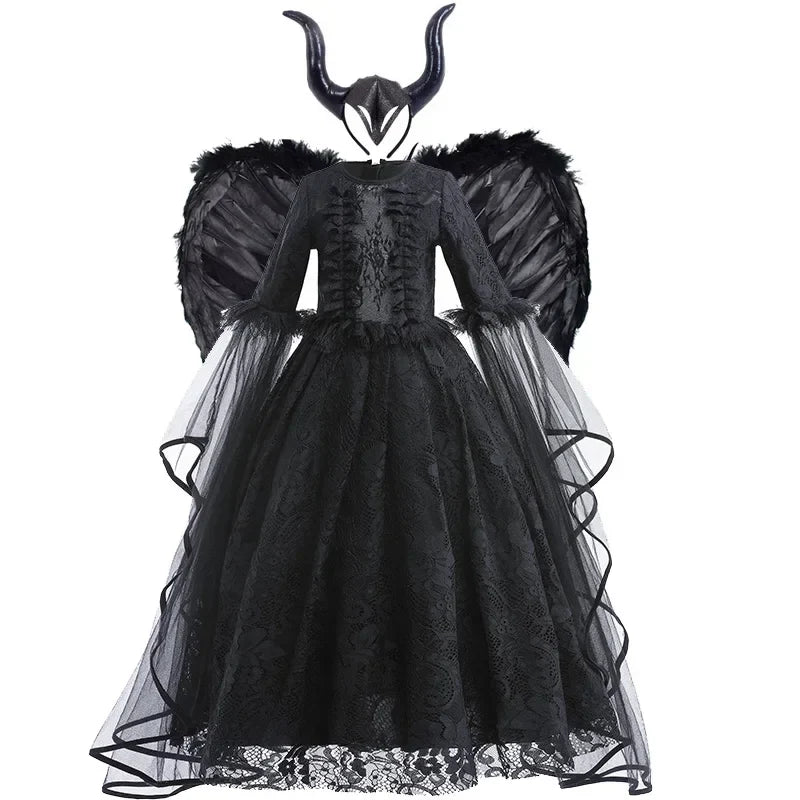 Evil Queen Witch Costume Dress for Girls Ages 4 to 6 with Lace Ruffle Trim