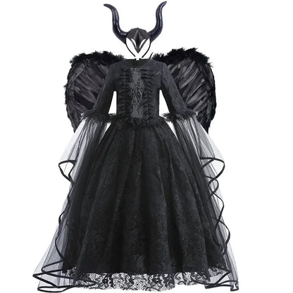 Evil Queen Witch Costume Dress for Girls Ages 4 to 6 with Lace Ruffle Trim