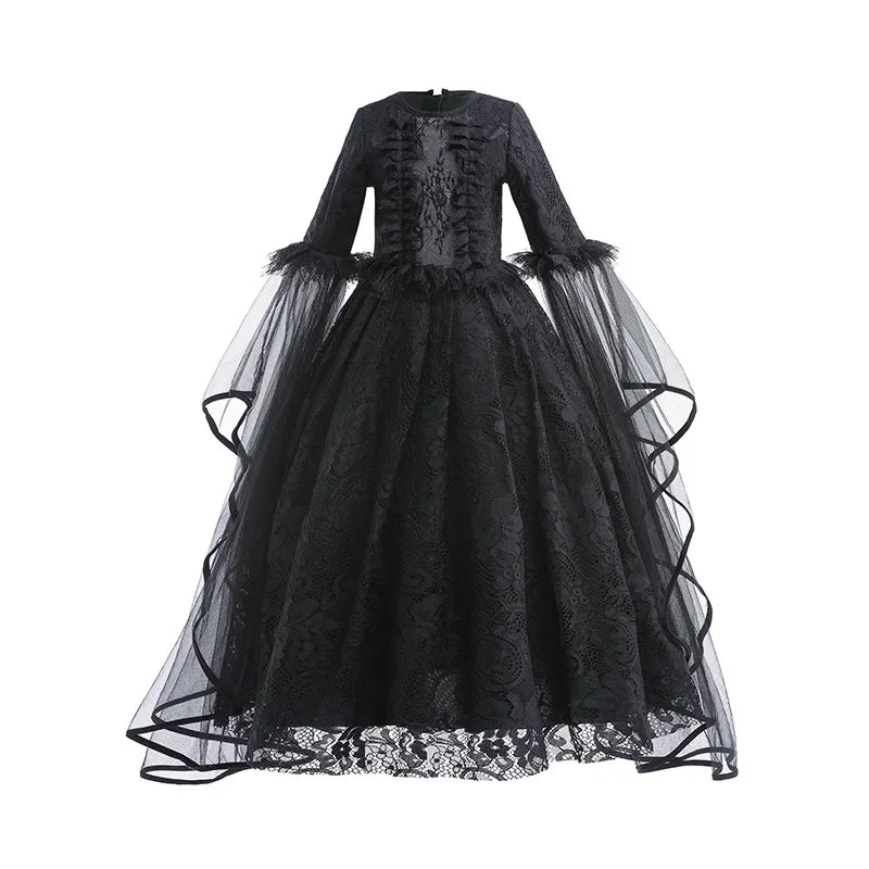 Evil Queen Witch Costume Dress for Girls Ages 4 to 6 with Lace Ruffle Trim