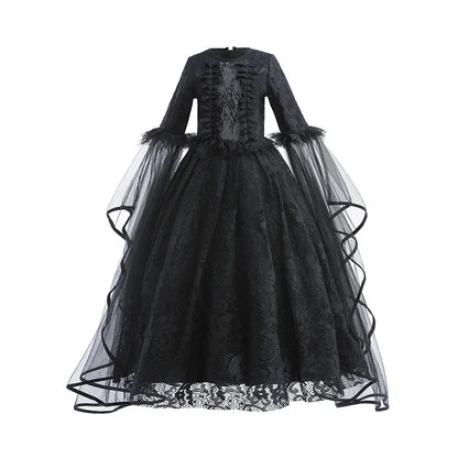 Evil Queen Witch Costume Dress for Girls Ages 4 to 6 with Lace Ruffle Trim