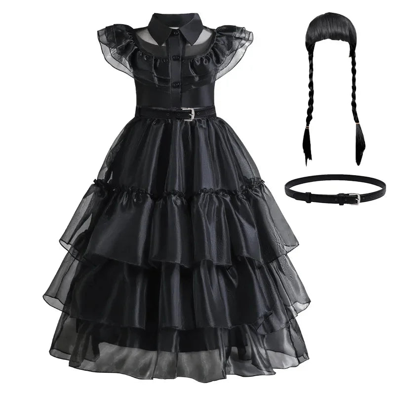 Girls Gothic Cake Gown Costume with Mesh Cutout Details and Layered Skirt