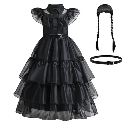Girls Gothic Cake Gown Costume with Mesh Cutout Details and Layered Skirt