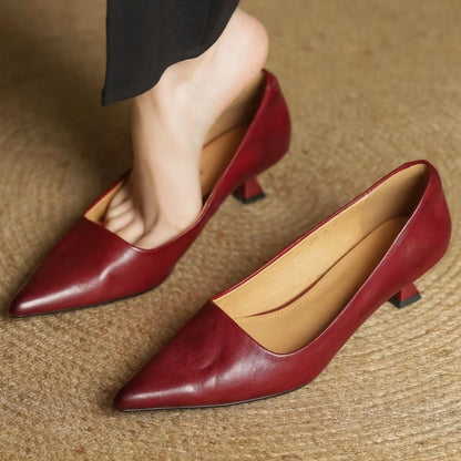Women's Pointed Toe Leather Pumps with Slip-On Design and Slim Heel, Comfortable Dress Shoes