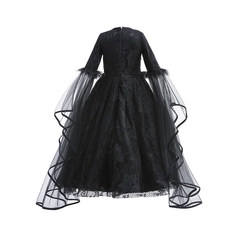 Evil Queen Witch Costume Dress for Girls Ages 4 to 6 with Lace Ruffle Trim
