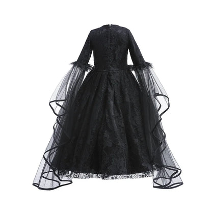 Evil Queen Witch Costume Dress for Girls Ages 4 to 6 with Lace Ruffle Trim