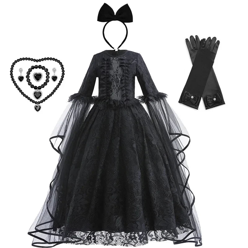 Evil Queen Witch Costume Dress for Girls Ages 4 to 6 with Lace Ruffle Trim