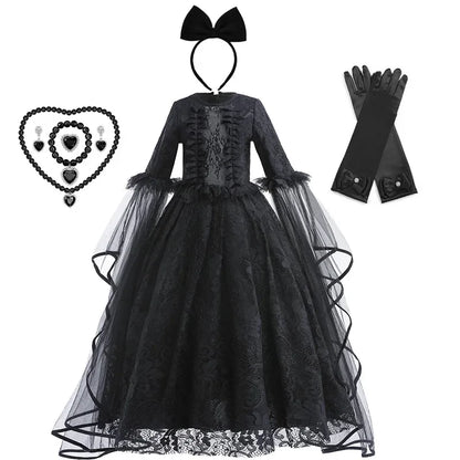 Evil Queen Witch Costume Dress for Girls Ages 4 to 6 with Lace Ruffle Trim