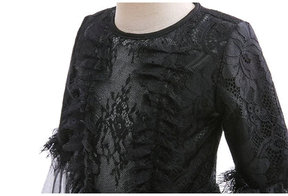 Evil Queen Witch Costume Dress for Girls Ages 4 to 6 with Lace Ruffle Trim