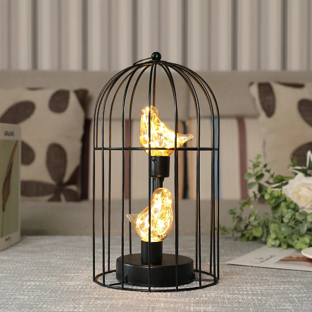 Warm White Fairy Light Table Lamp with Metal Birdcage Frame, Battery Operated