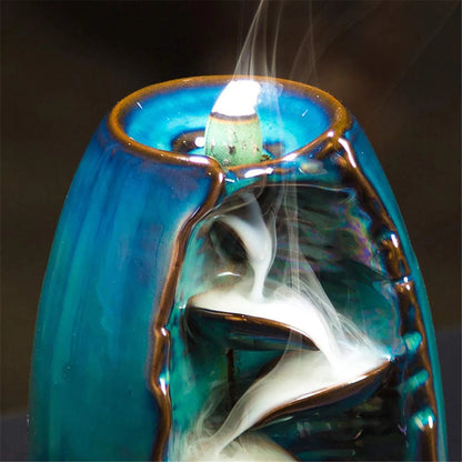 Backflow Incense Burner with Ceramic Mountain Waterfall Design and 50 Cones