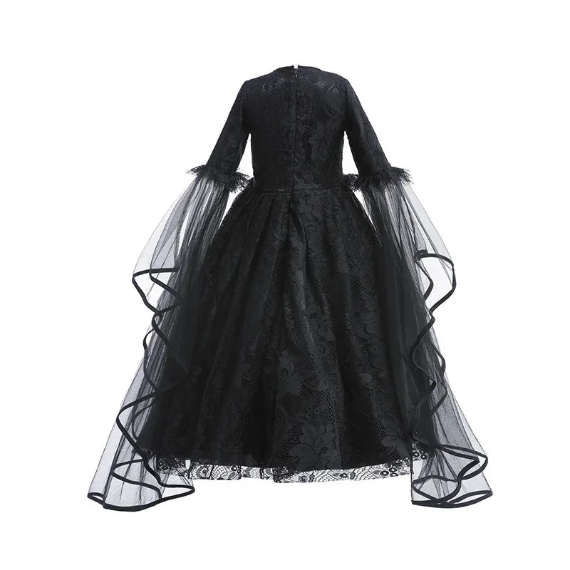 Evil Queen Witch Costume Dress for Girls Ages 4 to 6 with Lace Ruffle Trim