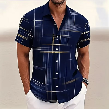 Geometric Plaid Button Shirt with Polyester Blend for Men