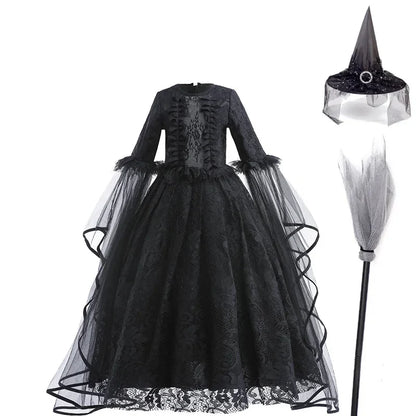 Evil Queen Witch Costume Dress for Girls Ages 4 to 6 with Lace Ruffle Trim