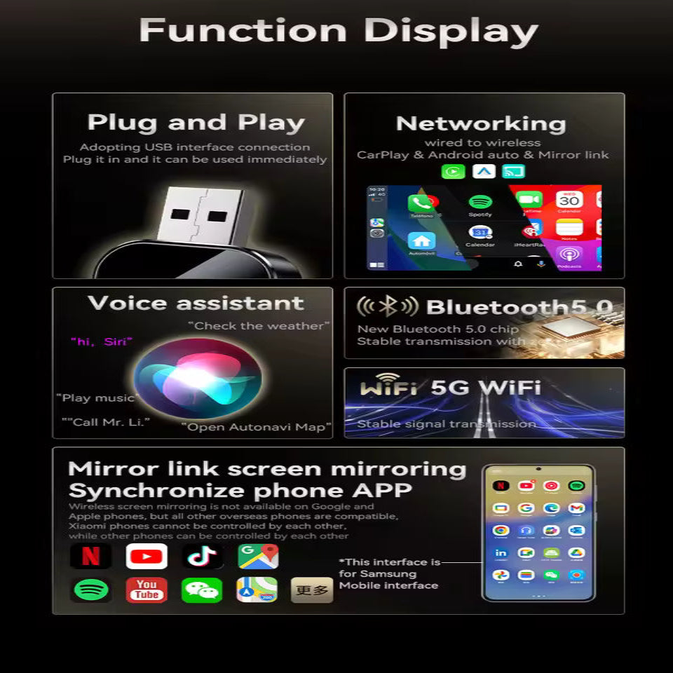 Wireless Car Adapter with Screen Mirroring and Auto Reconnection