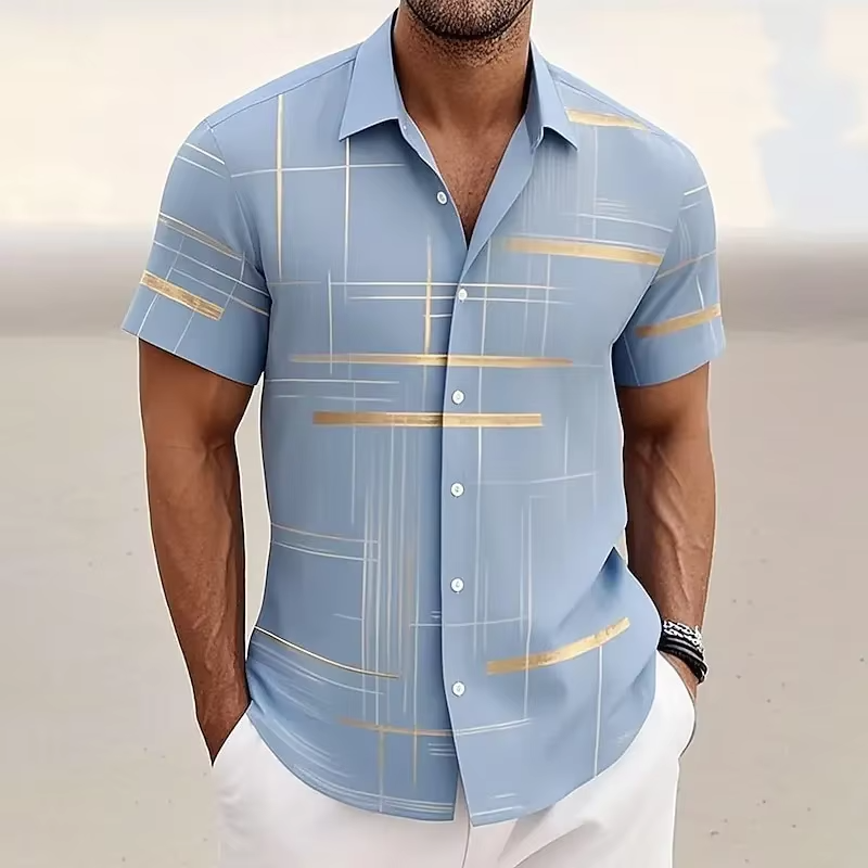 Geometric Plaid Button Shirt with Polyester Blend for Men