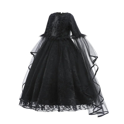 Evil Queen Witch Costume Dress for Girls Ages 4 to 6 with Lace Ruffle Trim