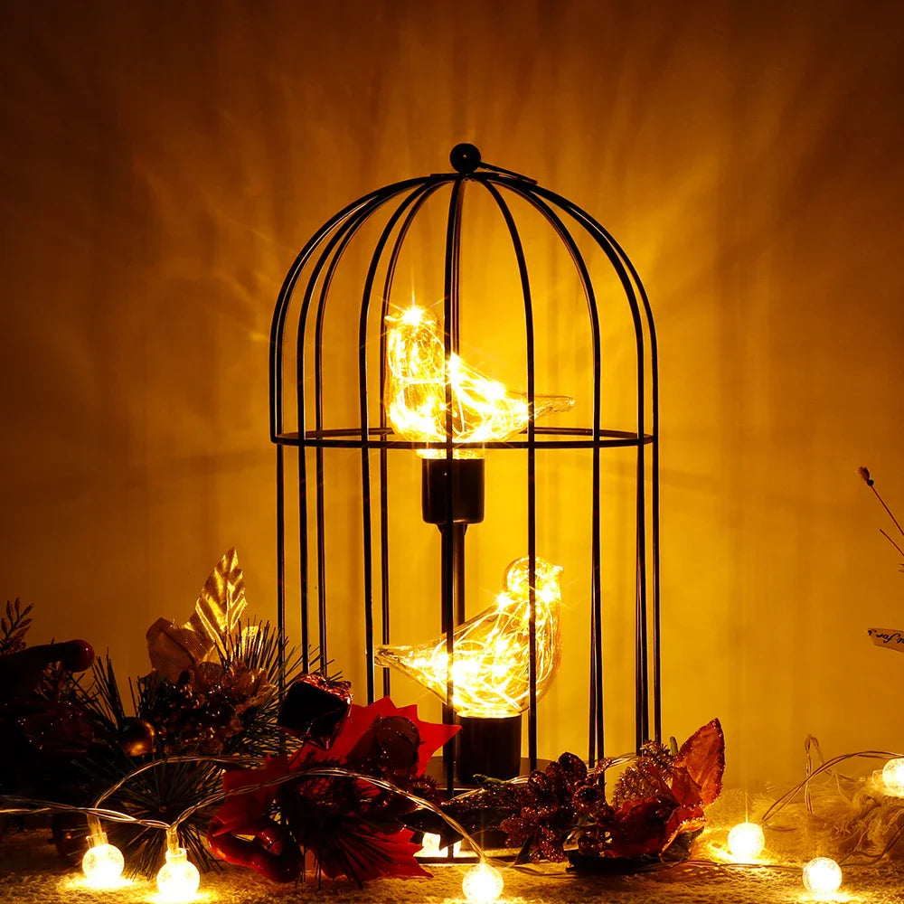 Warm White Fairy Light Table Lamp with Metal Birdcage Frame, Battery Operated