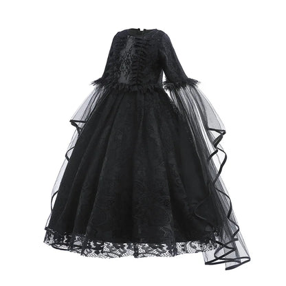 Evil Queen Witch Costume Dress for Girls Ages 4 to 6 with Lace Ruffle Trim