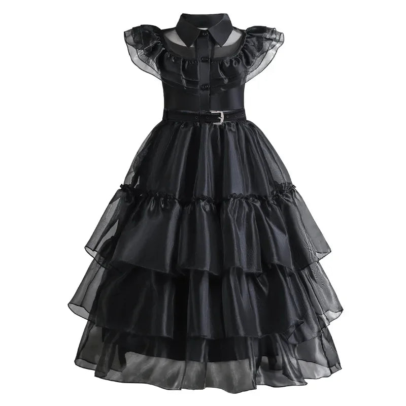 Girls Gothic Cake Gown Costume with Mesh Cutout Details and Layered Skirt