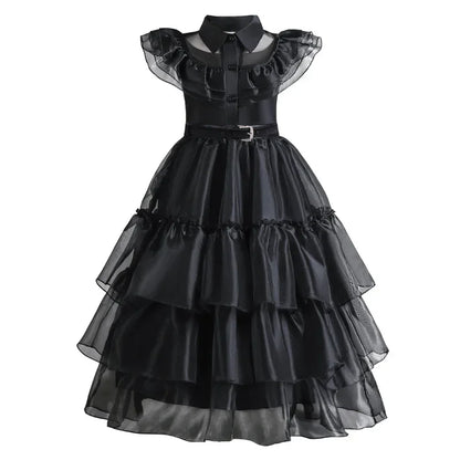 Girls Gothic Cake Gown Costume with Mesh Cutout Details and Layered Skirt