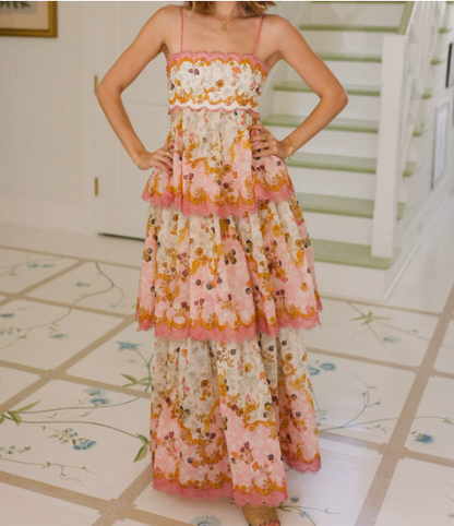 Tiered Maxi Dress with Floral Print and Loose Fit