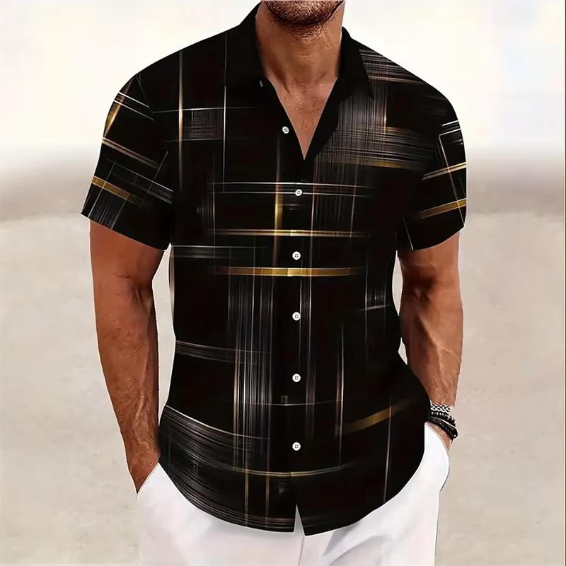 Geometric Plaid Button Shirt with Polyester Blend for Men