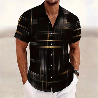 Geometric Plaid Button Shirt with Polyester Blend for Men