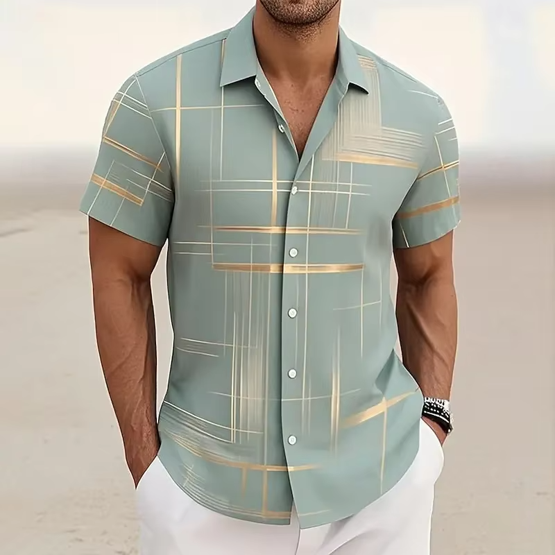 Geometric Plaid Button Shirt with Polyester Blend for Men