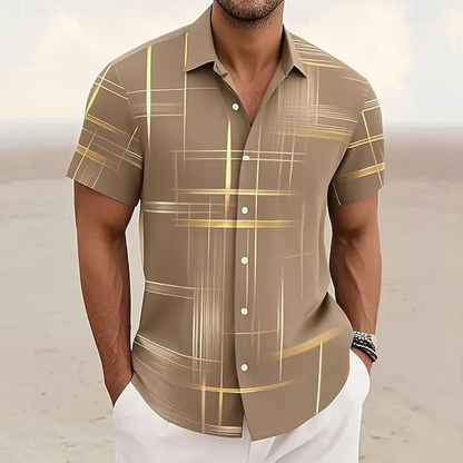 Geometric Plaid Button Shirt with Polyester Blend for Men
