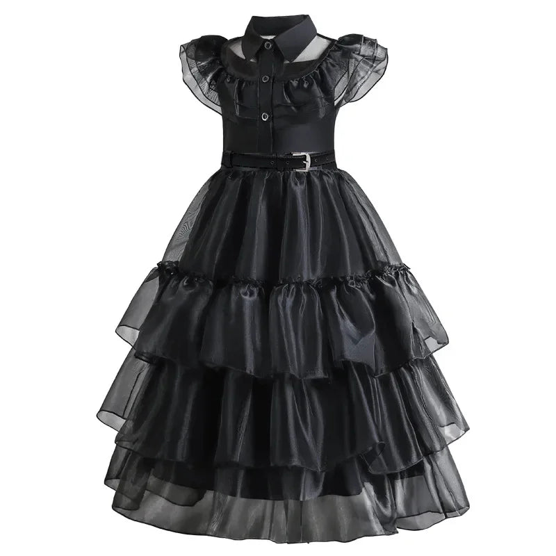 Girls Gothic Cake Gown Costume with Mesh Cutout Details and Layered Skirt