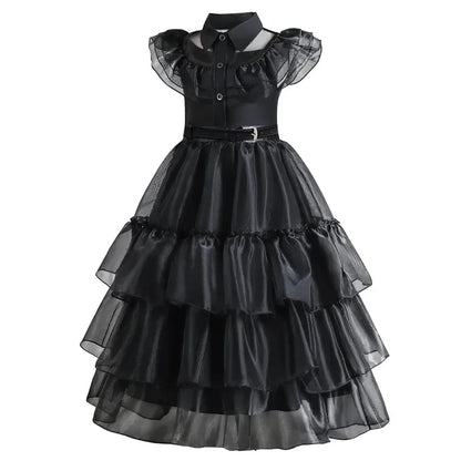 Girls Gothic Cake Gown Costume with Mesh Cutout Details and Layered Skirt