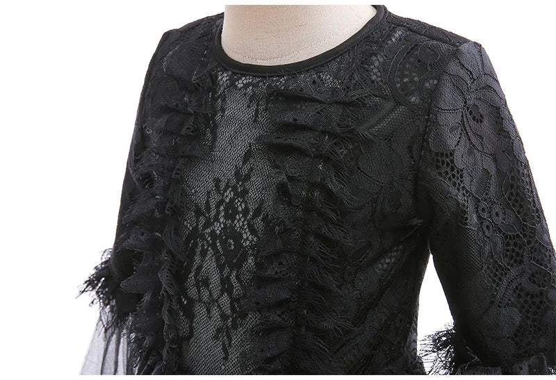 Evil Queen Witch Costume Dress for Girls Ages 4 to 6 with Lace Ruffle Trim