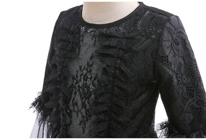 Evil Queen Witch Costume Dress for Girls Ages 4 to 6 with Lace Ruffle Trim