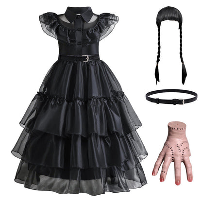 Girls Gothic Cake Gown Costume with Mesh Cutout Details and Layered Skirt