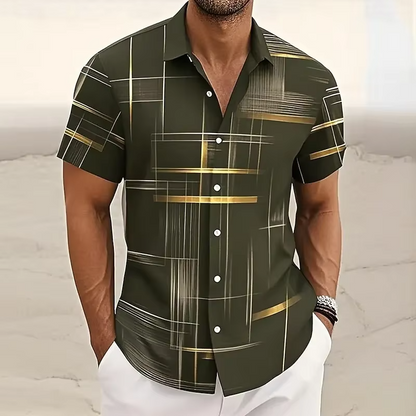 Geometric Plaid Button Shirt with Polyester Blend for Men