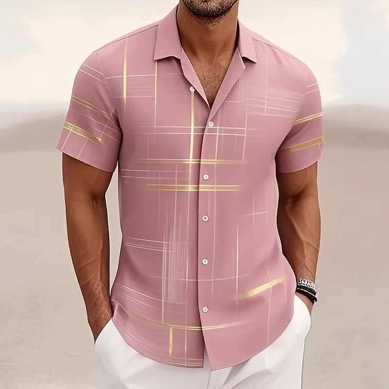 Geometric Plaid Button Shirt with Polyester Blend for Men