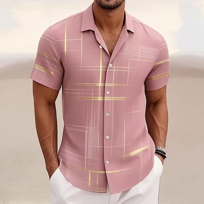 Geometric Plaid Button Shirt with Polyester Blend for Men