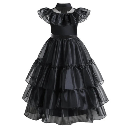 Girls Gothic Cake Gown Costume with Mesh Cutout Details and Layered Skirt