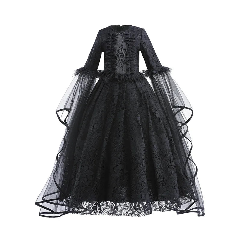 Evil Queen Witch Costume Dress for Girls Ages 4 to 6 with Lace Ruffle Trim