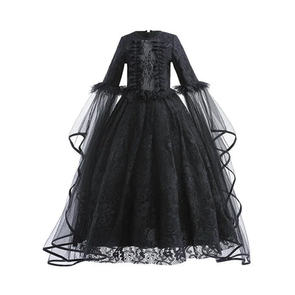 Evil Queen Witch Costume Dress for Girls Ages 4 to 6 with Lace Ruffle Trim