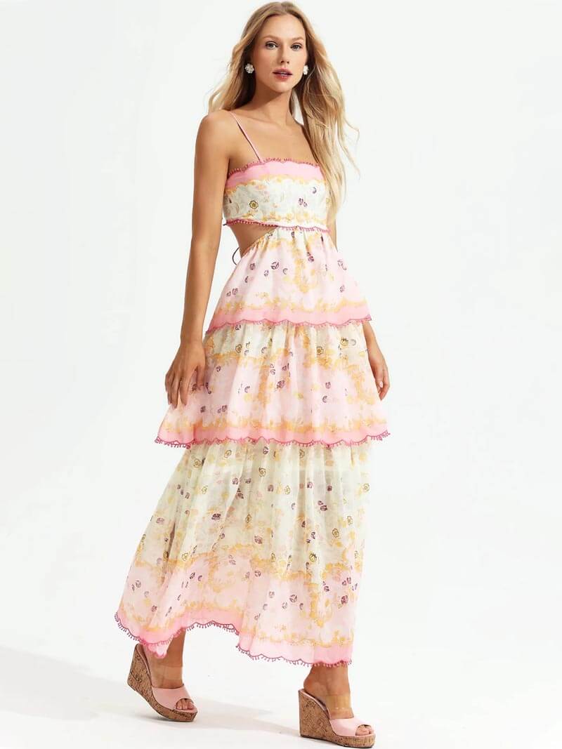 Tiered Maxi Dress with Floral Print and Loose Fit