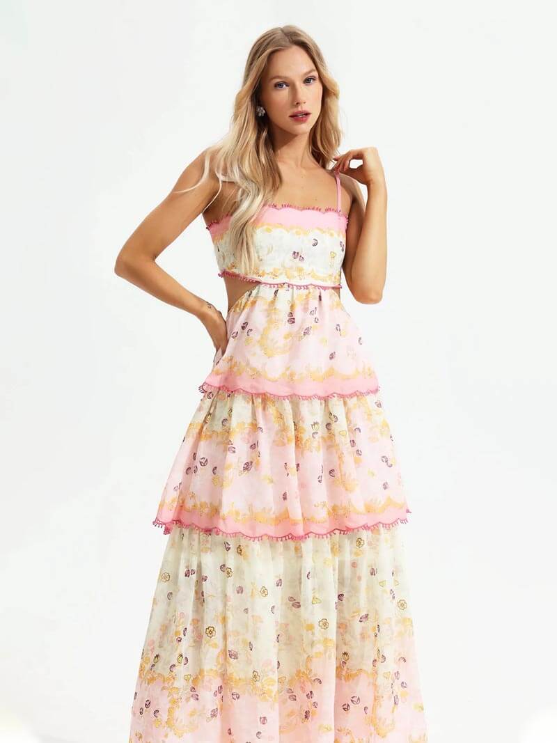 Tiered Maxi Dress with Floral Print and Loose Fit