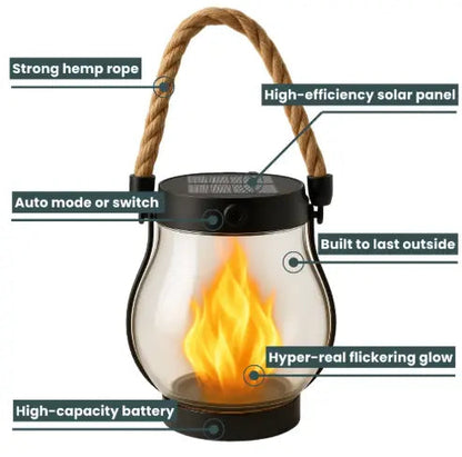Solar Flame Lantern with Flickering LED and Automatic Dusk Activation, 12-Hour Runtime