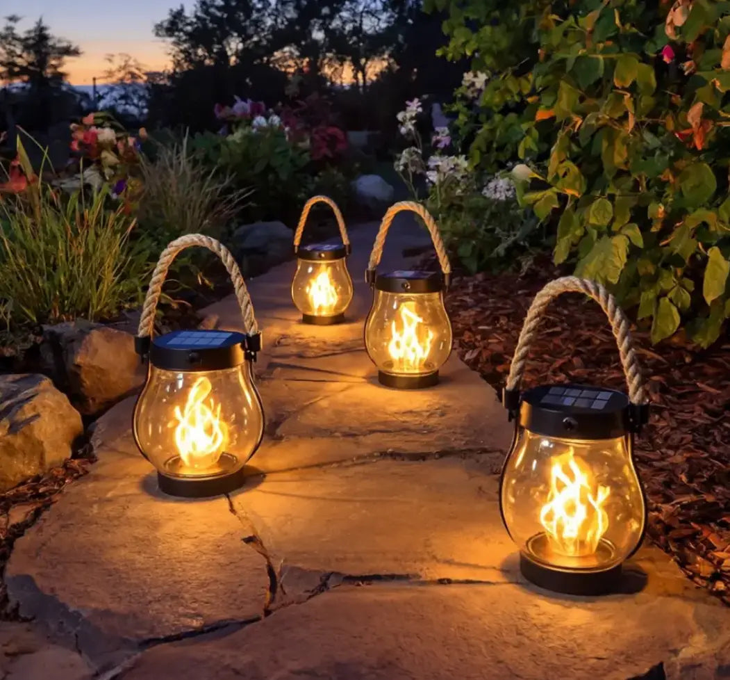 Solar Flame Lantern with Flickering LED and Automatic Dusk Activation, 12-Hour Runtime