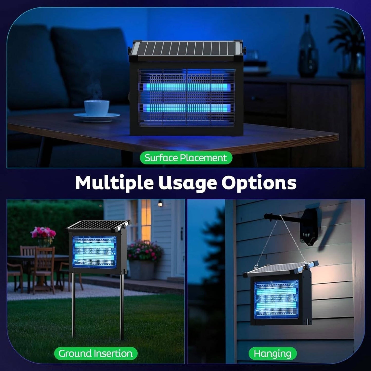 Solar Bug Zapper with Dual LED Bulbs and 4500 Volt Grid for 3500 sq ft Coverage