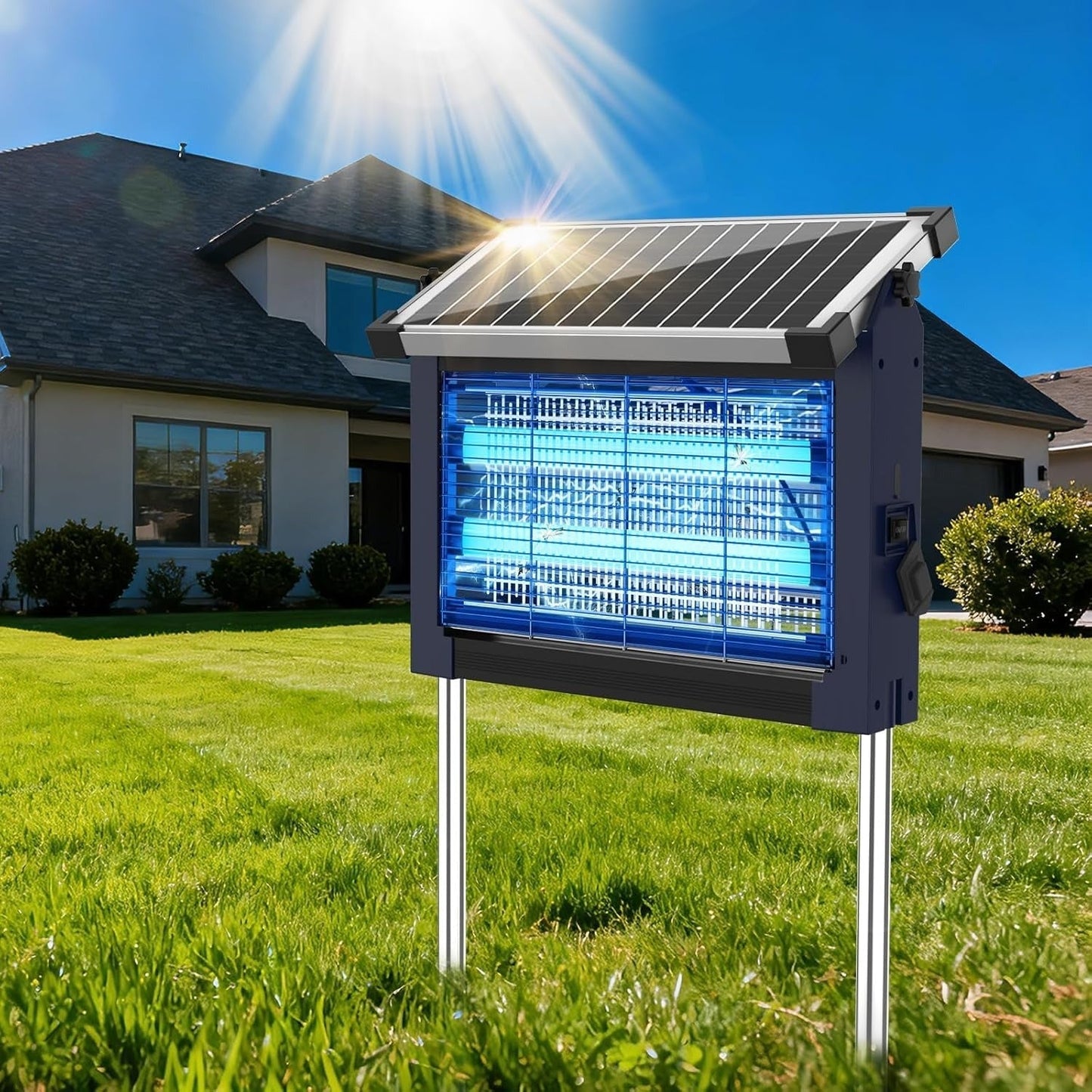Solar Bug Zapper with Dual LED Bulbs and 4500 Volt Grid for 3500 sq ft Coverage