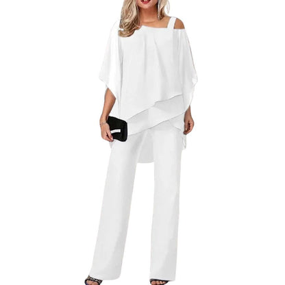 Women’s Chiffon Pantsuit with Wing Shaped Sleeves and Round Neckline